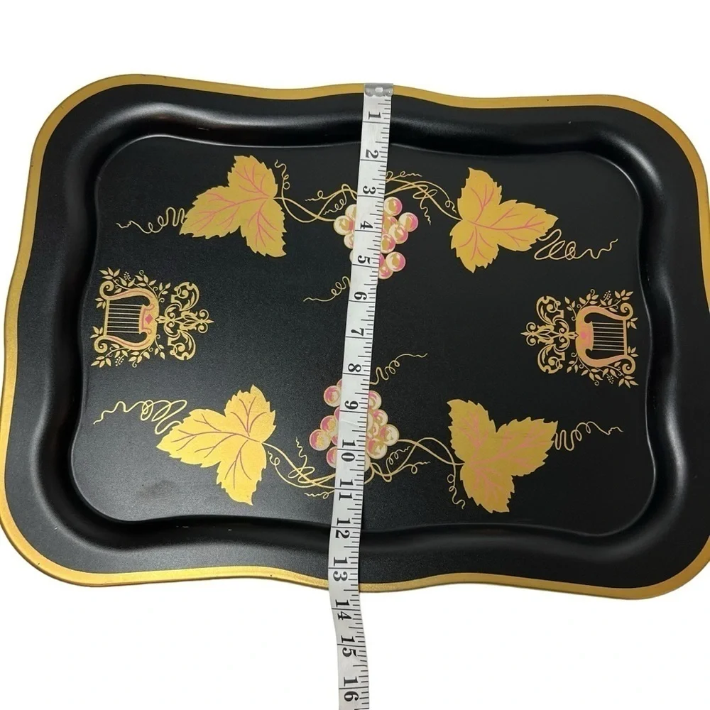 Vintage Trays set of 4 Large Black Floral Tole Metal Hand Painted Toleware Trays